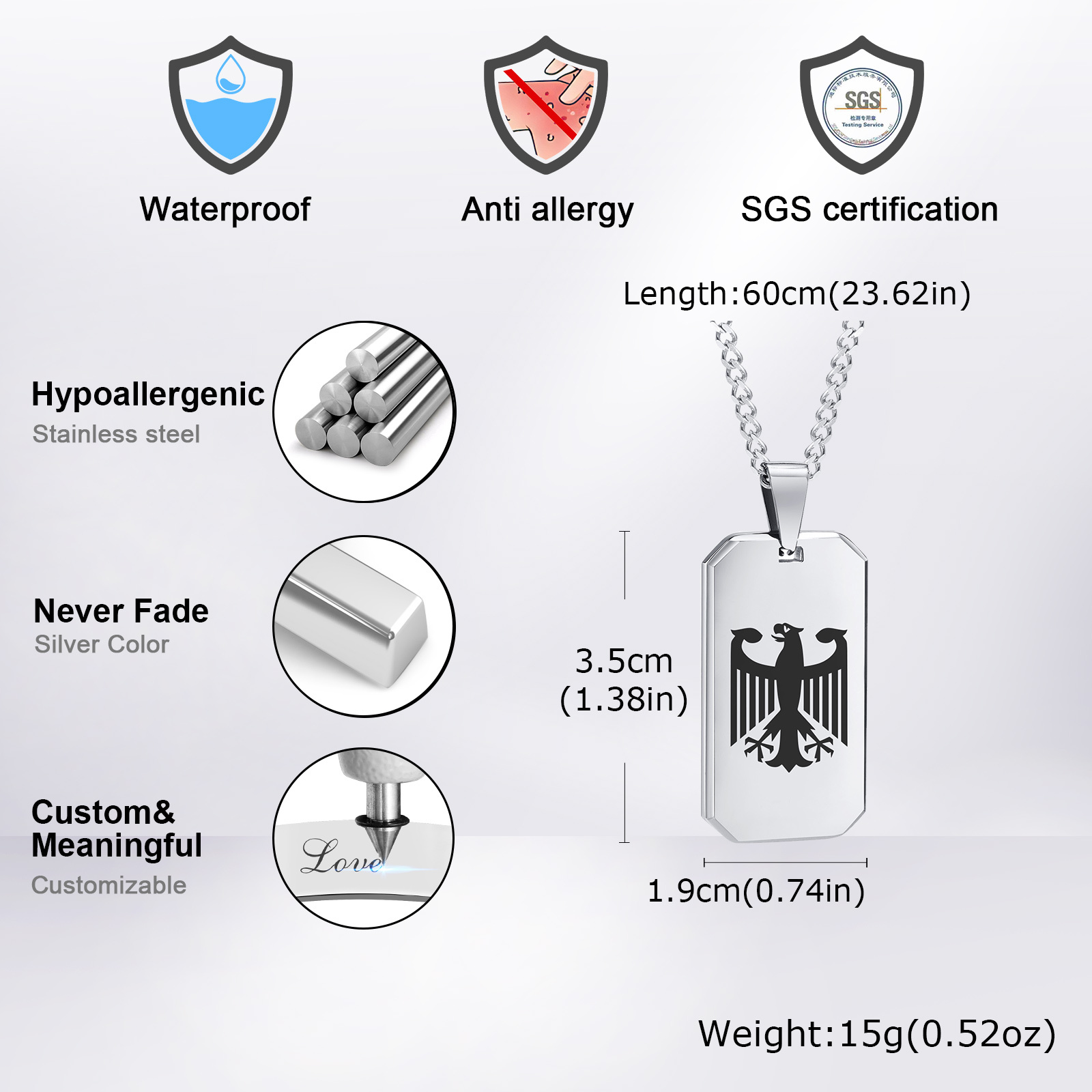 German Eagle Square Neckalces  - Mens Dog Tag Necklace บทวิจารณ์และราคา